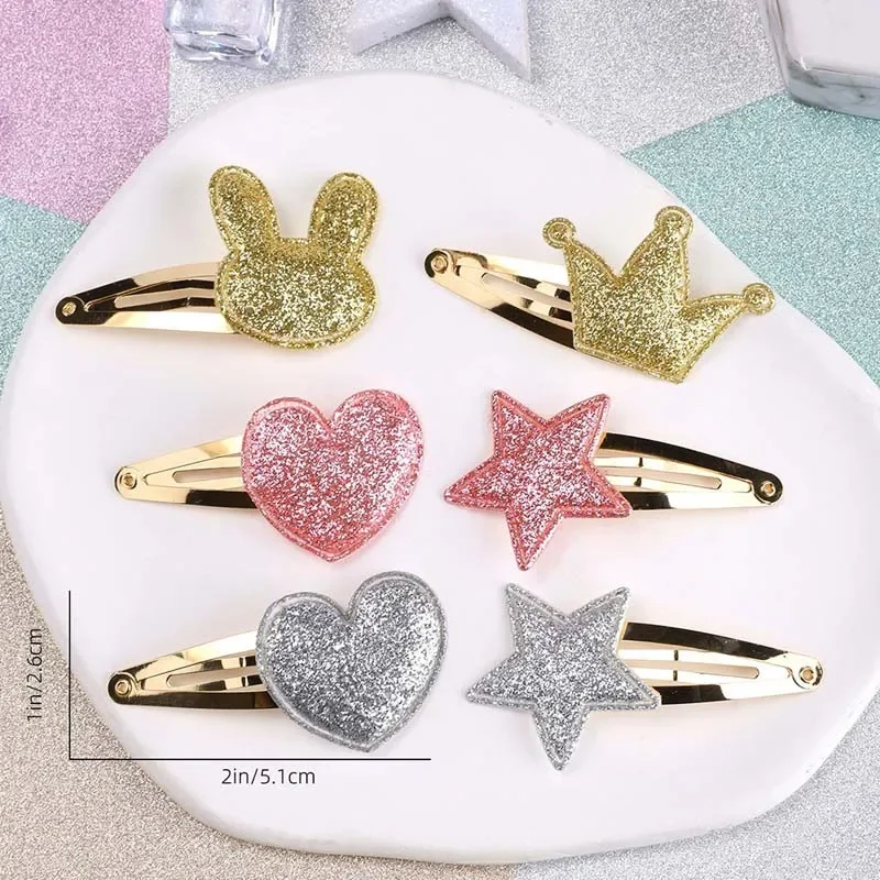 Oaoleer 6Pcs/set Cute Crown Glitter Hair Clips For Baby GirlsGold Silver Star Love Heart Hairpin Barrettes Kids Hair Accessories