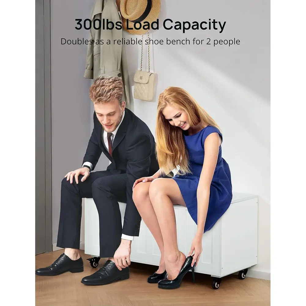 مقعد تخزين خشبي بعجلات ومفصلات، 39.4، يدعم 300 رطل، سهل التجميع، أبيض، مثالي لغرفة النوم وغرفة المعيشة