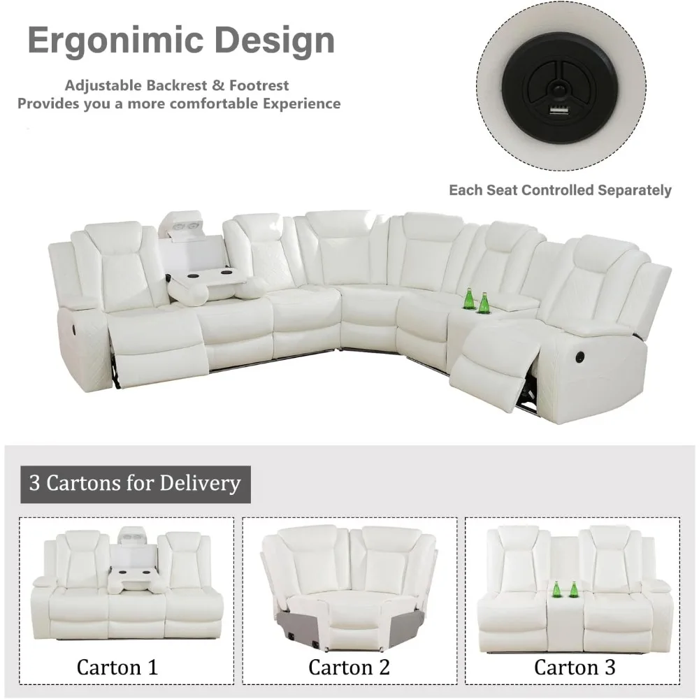 Power Reclining Sectional Sofa, Living Room Furniture Set with USB Chargers and Storage Console, Leather Recliner Sofa