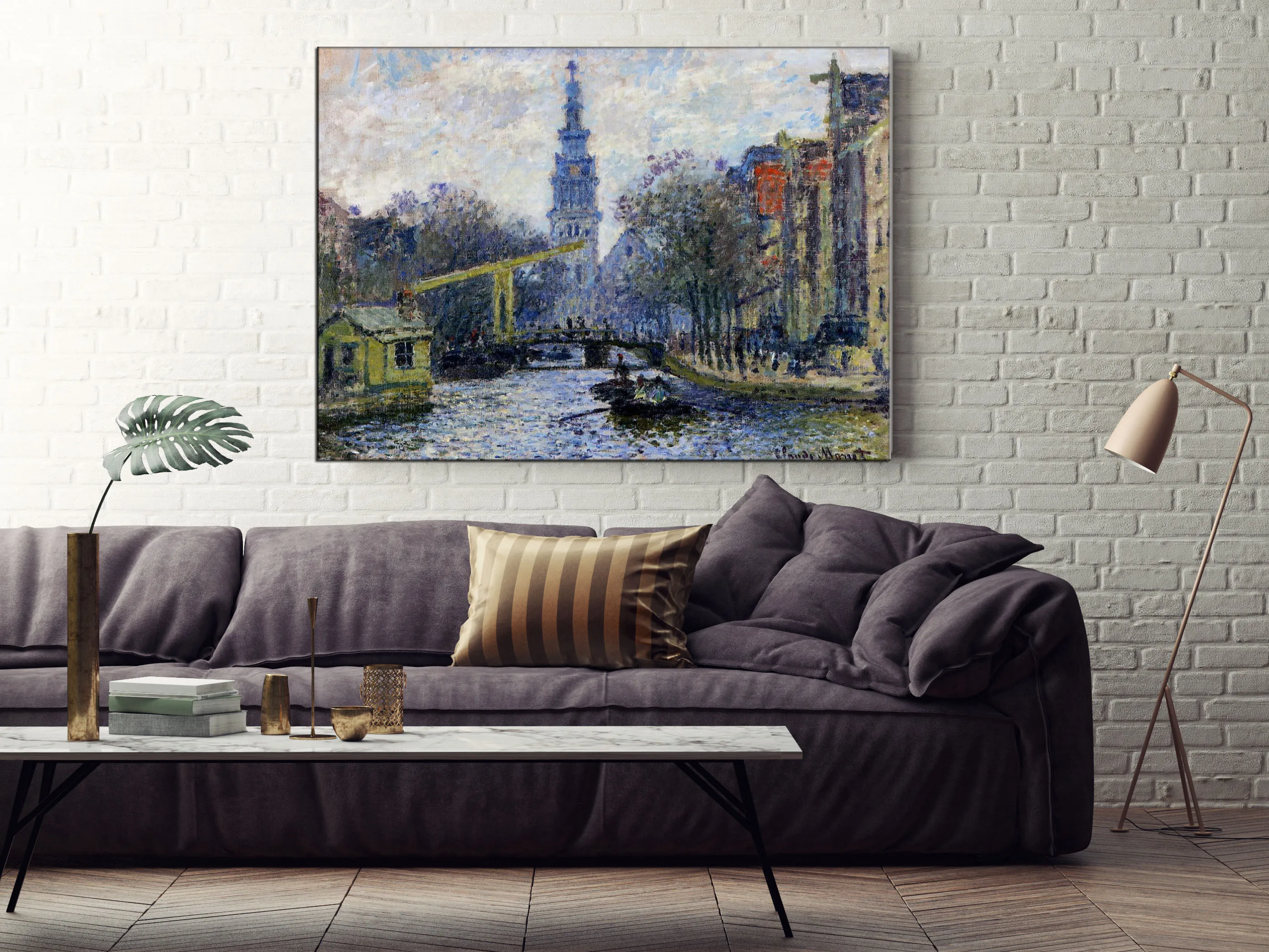 High‑Quality 100% Hand‑Painted landscape oil‑painting reproduction on linen canvas, Canal in Amsterdam by Claude Monet. Handmade