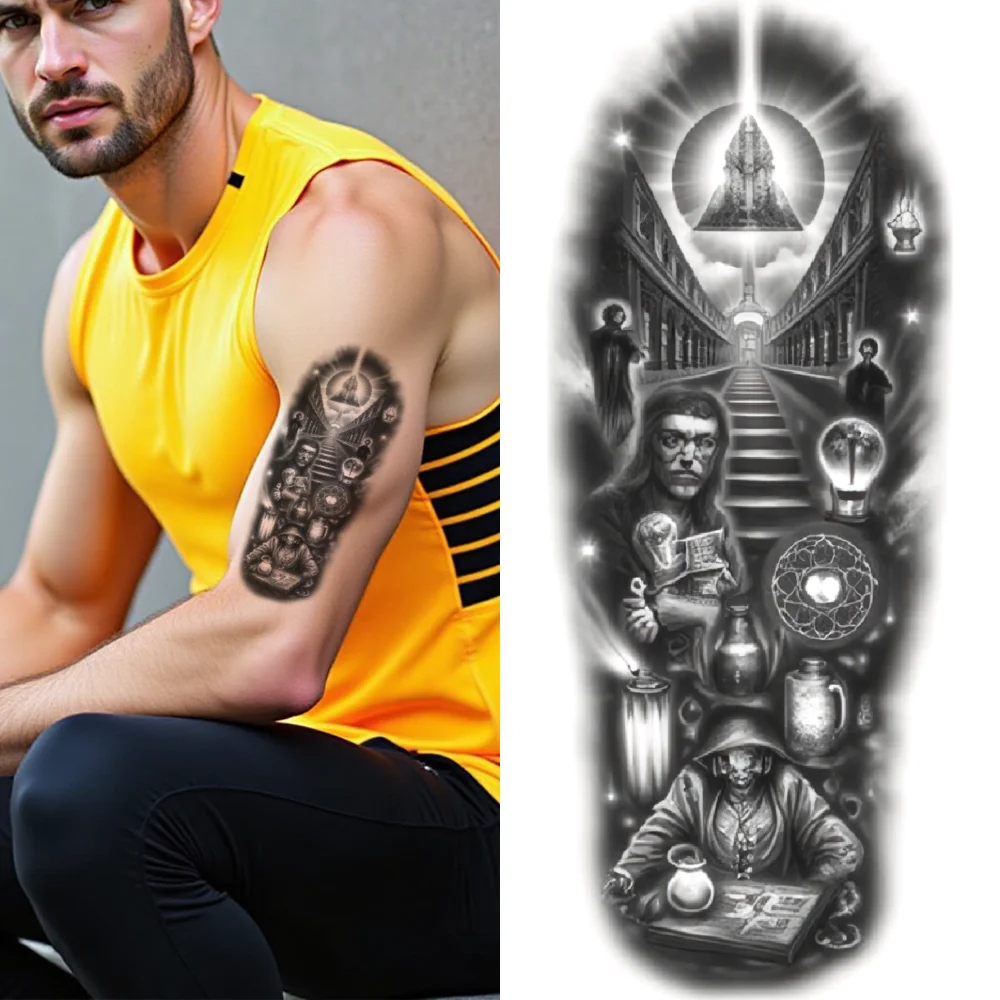 Tatouage temporaire noir et gris, 3 pièces, sablier et livres réalistes, démon avec Trident, éclairé de lune, pour femmes et adultes, cuisses