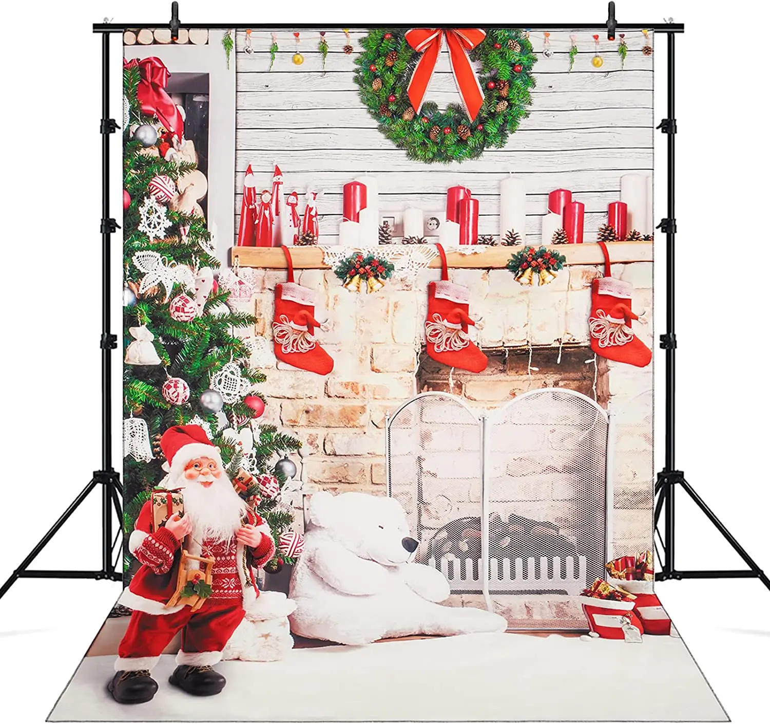 Fireplace Christmas Banner White Brick Photography Backdrop Santa Claus Xmas Tree Bear Stockings Gift Background Decorations