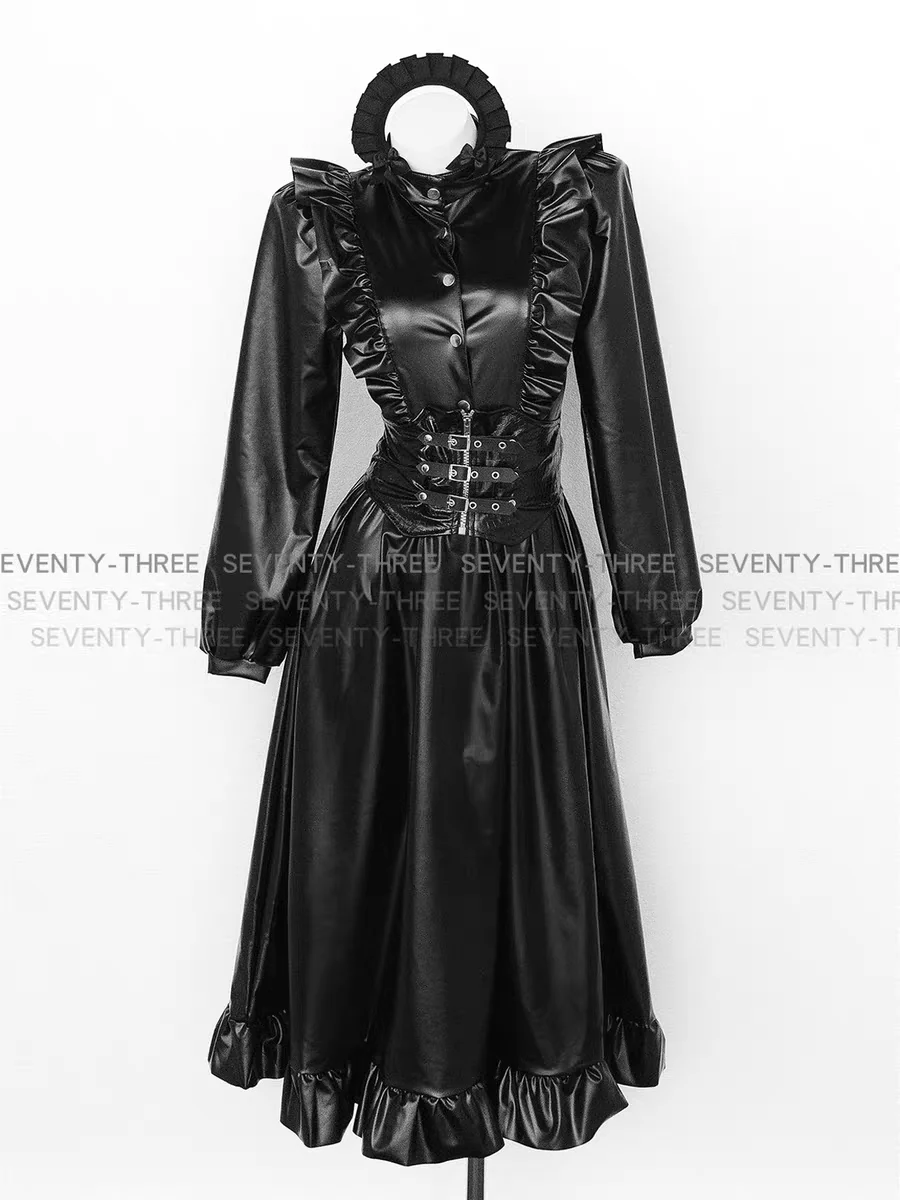 

Anime Black Uniform Costume Maid Costume Adult Girl Role Playing Dark Pu Long Skirt Leather Stand Collar Dress Maid Suit