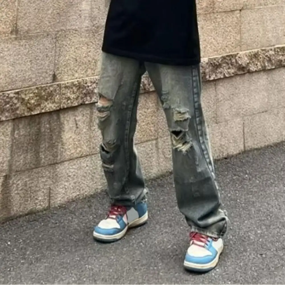 Hip Hop Pants Streetwear Men's Ripped Hole Wide Leg Jeans with Multi Pockets Distressed Details for Casual Hip Hop Style Urban