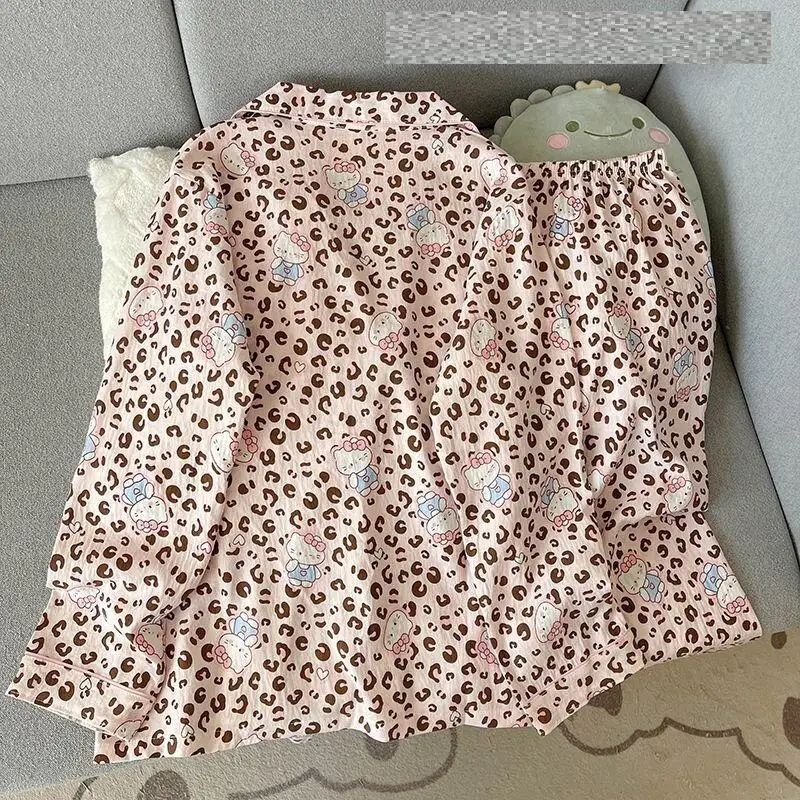 

Sanrio Hello Kitty Cotton Pajamas Set Kawaii Cartoon Leopard Print Pyjamas Long Sleeve Pant Nightwear Spring Home Suit New Style