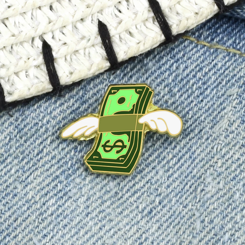 Dollars Banknote with Angel Wings Lapel Pins Creative Bundled Paper Money Brooches Enamel Fashion Badge Jewelry Gift for Friends