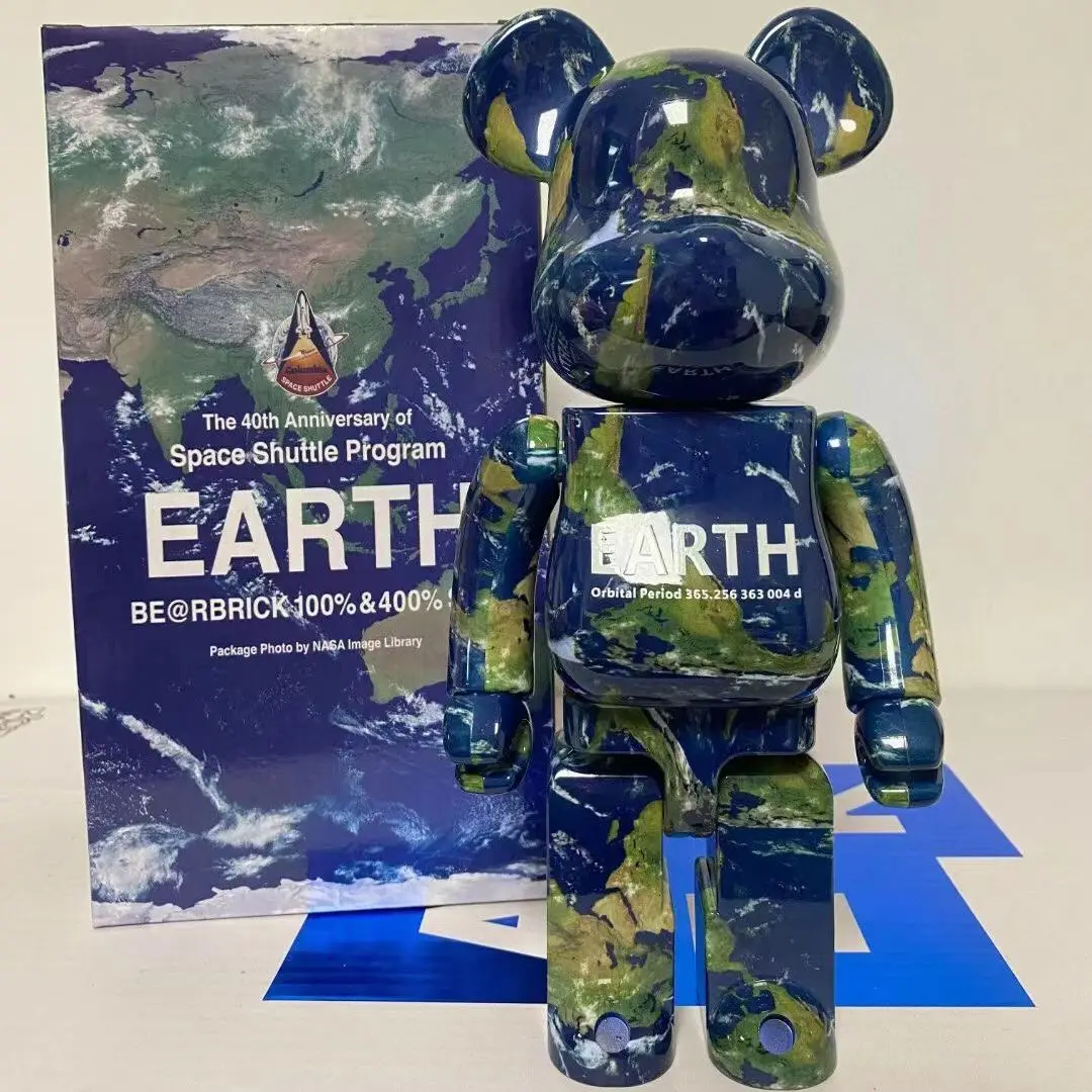 

Bearbrick 400% карта земли, синяя планета, 28 см высота, коллекция, кирпичный медведь, настольное украшение, украшения, подарочная фигурка