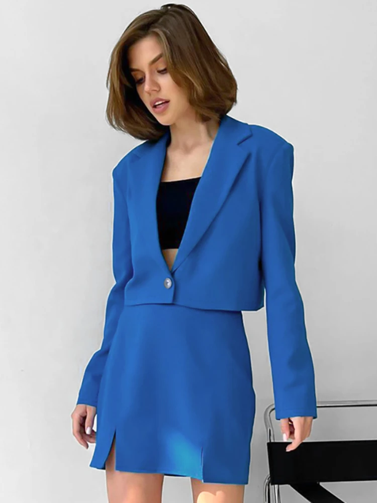 Fashion Casual Blue Small Suit Jacket Female Little Loose Suit 2025 New Small Suit Jacket  Blazer and Skirt Set Spring Autumn