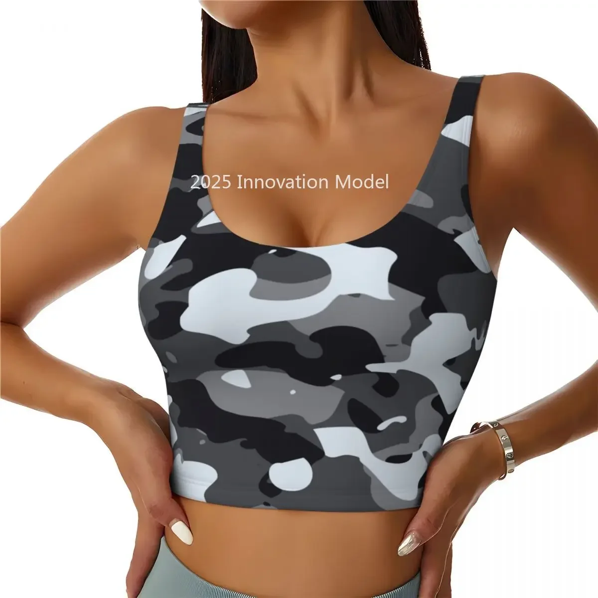 

Custom Black Modern Military Camouflage Camo Style Workout Crop Tank Tops Women's Running Sports Bras