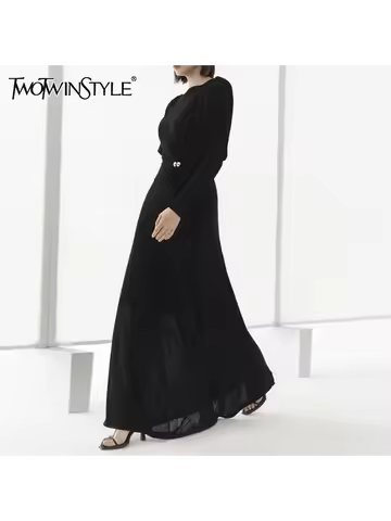 TWOTWINSTYLE Solid Slimming Minimalist Dresses For Women O Neck Long Sleeve High Wist Temperament Long Dress Female Fashion New