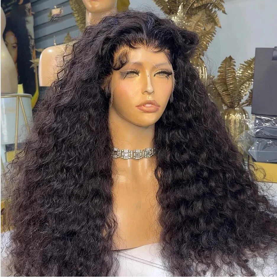 Perruque Lace Front Wig crépue bouclée noire, 26 pouces, pre-plucked, sans colle, pour femmes africaines, cheveux de bébé, densité 180