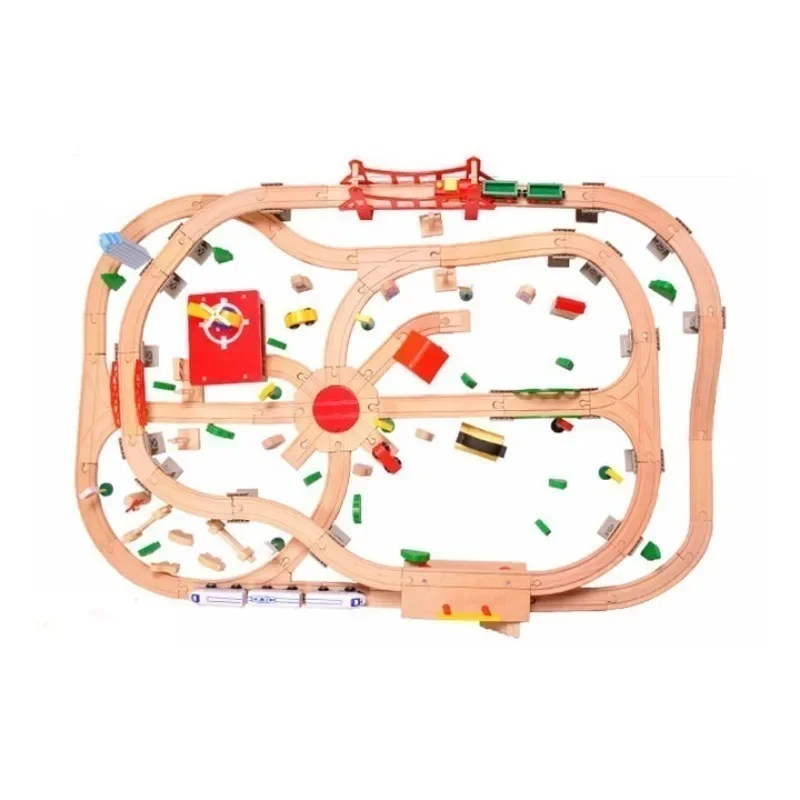 Wooden trolley track set Magnetic electric car head building block assembly gift 130 pieces Airport car track free car front