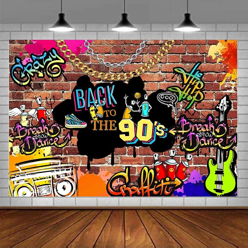 Back To The 90’s Photography Backdrop Hip Hop Graffiti Brick Wall Music Retro Radio Music Rock Birthday Party Background Decor