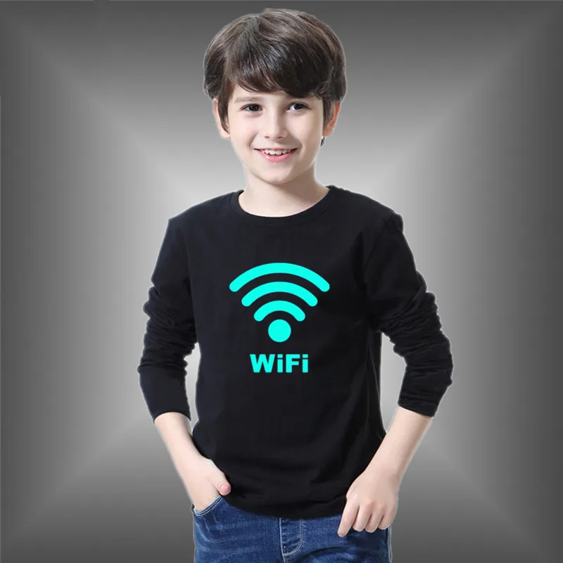 Boys Long Sleeves Cotton T-shirt Cartoon Funny Battery Luminous Tops Long Sleeve Kids Clothes Children\'s Glowing Clothing