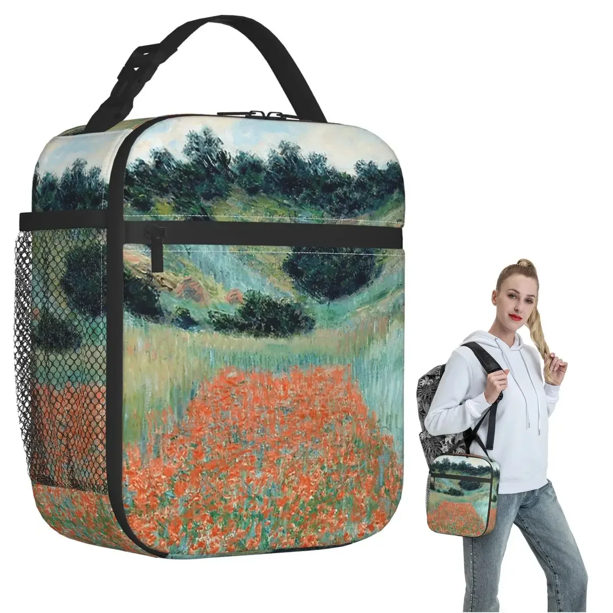 1885-Claude Monet-Poppy Field In A Hollow Near Giverny Insulated Lunch Bag Children Portable Food Boxes Thermal Lunch Box Tote