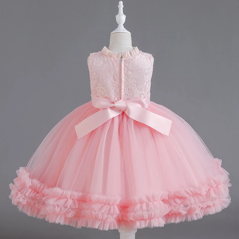 Short Pink Flower Girls' Dresses for Weddings Party Gala Tulle O-Neck Sleeveless with Bow Kid's Birthday Princess Ball Gown 2023