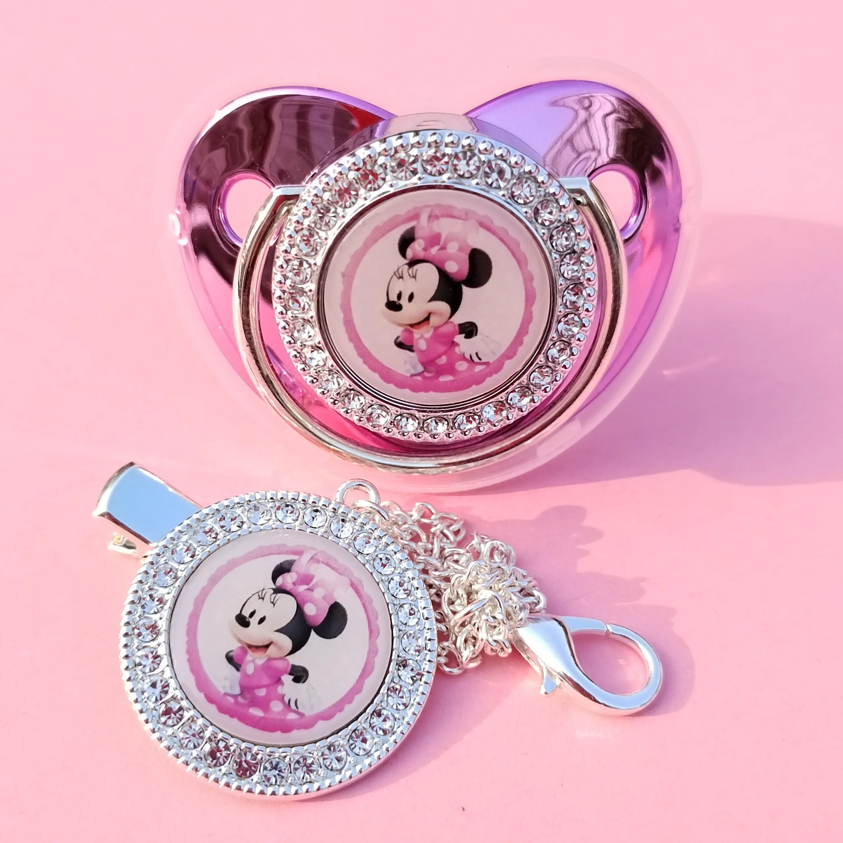 Minnie Mouse Silver Mouth Clips with Rhinestone BPA Free Babi Nurse Feeding Silicone Pacifier for Newborn Baby Sublimation Items