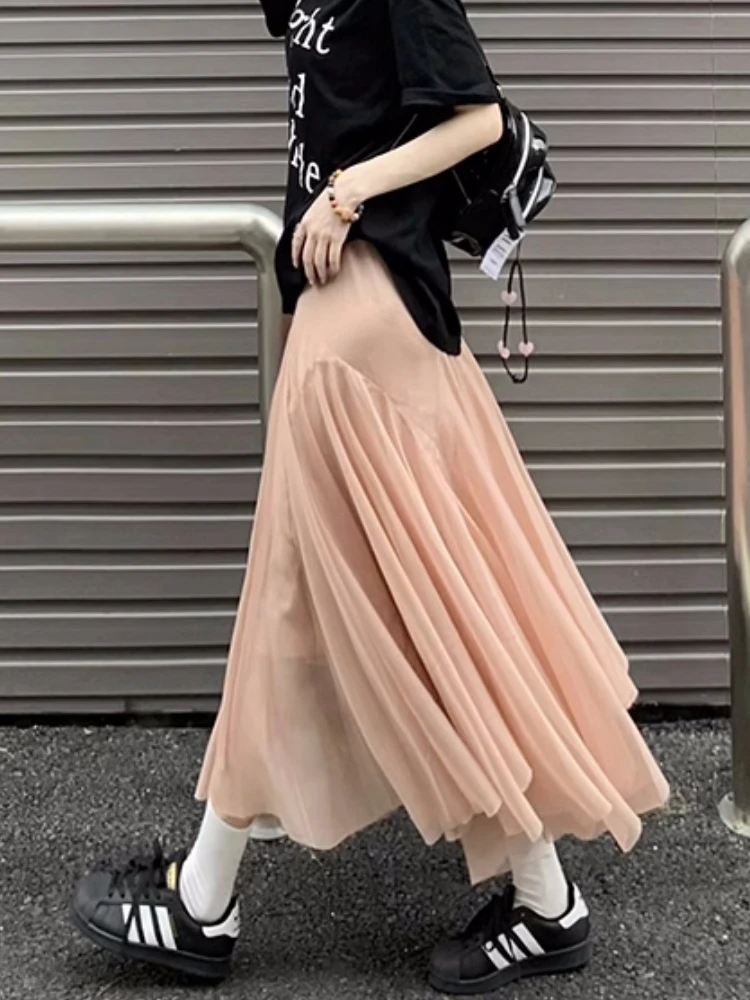 

Qiukichonson Mid Long Skirts Womens Mesh Skirt 2023 Mori Girl Style Lolita Spring Summer High Waisted A-Line Ruffle Skirts rok