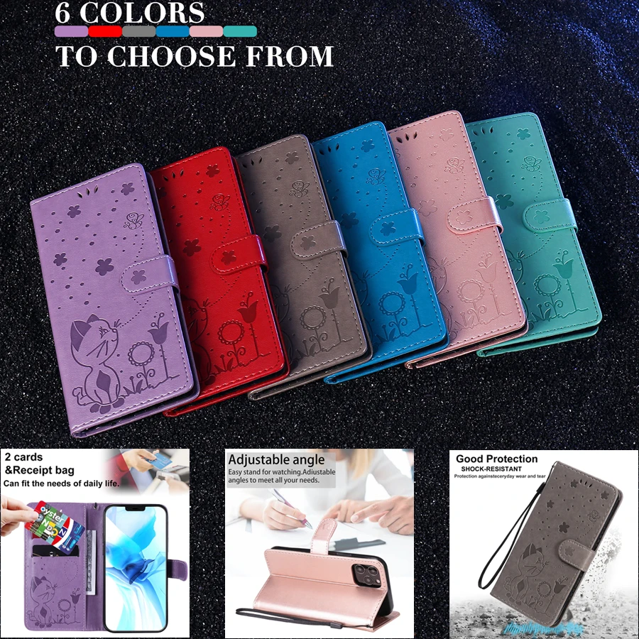 

Fashion Wallet Leather Cat and Bee Case For iPhone 13 Pro Max 13Mini 12 Pro Max 11 Pro Max SE2020 X XS XR XS Max 8/7/6S Plus 5S