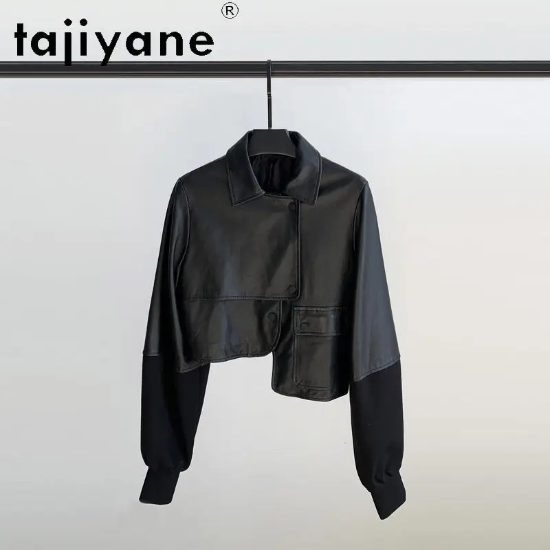 TAJIYANE Genuine Leather Jacket Women Irregular Splicing Sheepskin Motorcycle Jackets for Woman Lapel Coat Short Куртка Кожаная