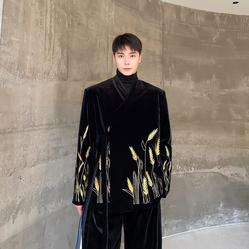 WTHT แฟชั่นผู้ชายชุด Heavy Industy เย็บปักถักร้อยไหล่ Blazer เสื้อเอวสูงตรงกางเกงขากว้างชุดชาย 2A0453