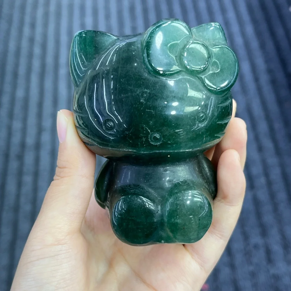 1pc 8cm Hello Kitty Crystal Quartz Figurine with Green Strawberry Polished Healing Sanrio Cartoon Cat Home Decor Craft Gift