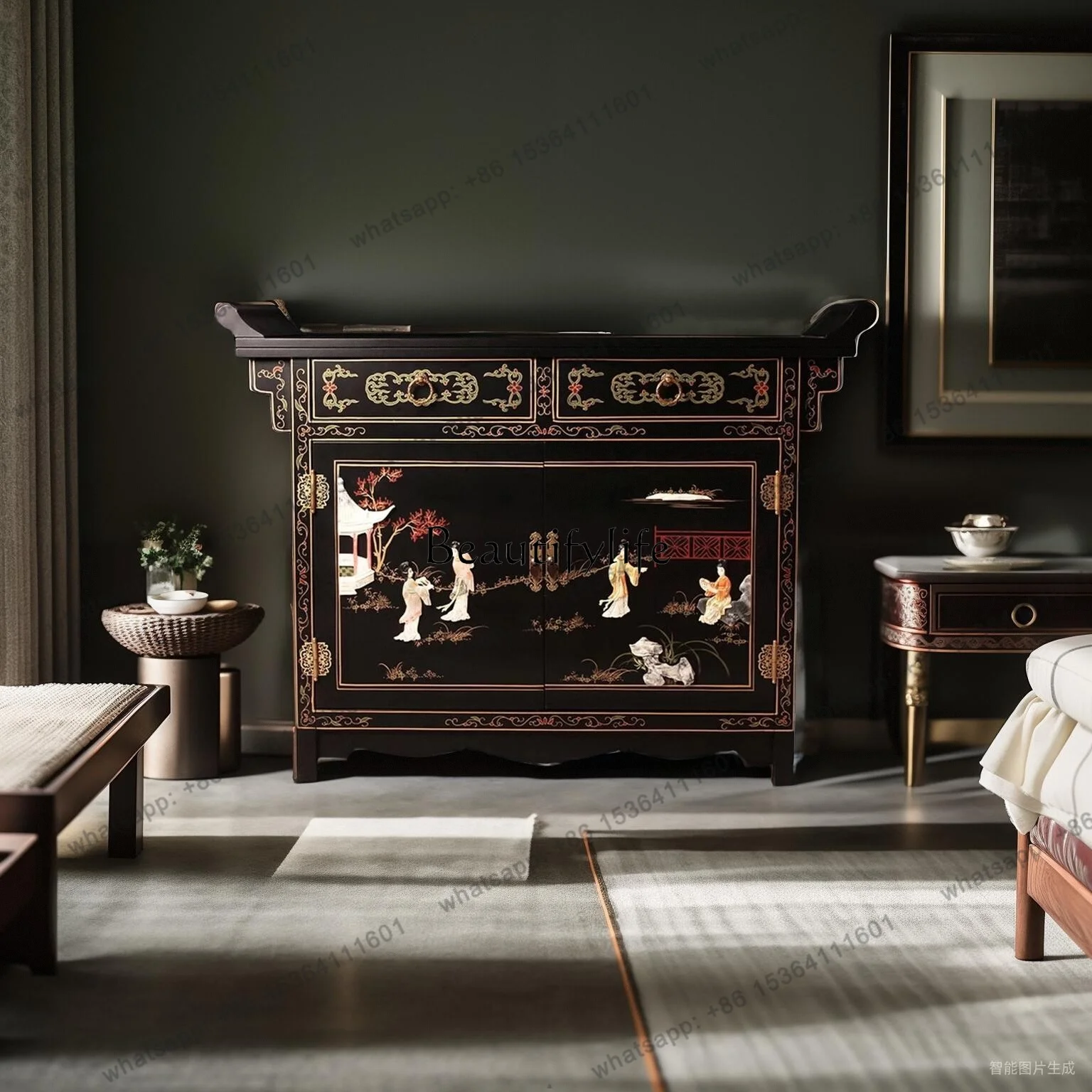 Customizable New Chinese-style Entrance Cabinet, Foyer Cabinet, Hand-painted Decorative Cabinet, Classical Dining Edge
