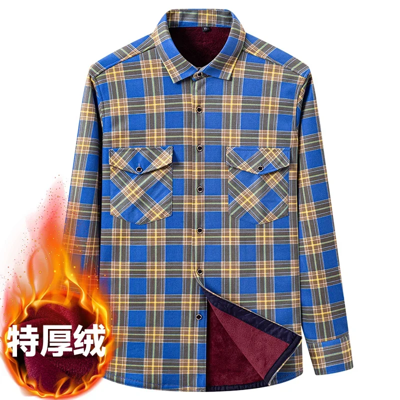 Winter Plush Thick Shirt Plaid Series Long Sleeved 2 breast pocket Shirt for Men\'s Warmth and Oversized Casual Shirt Clothing