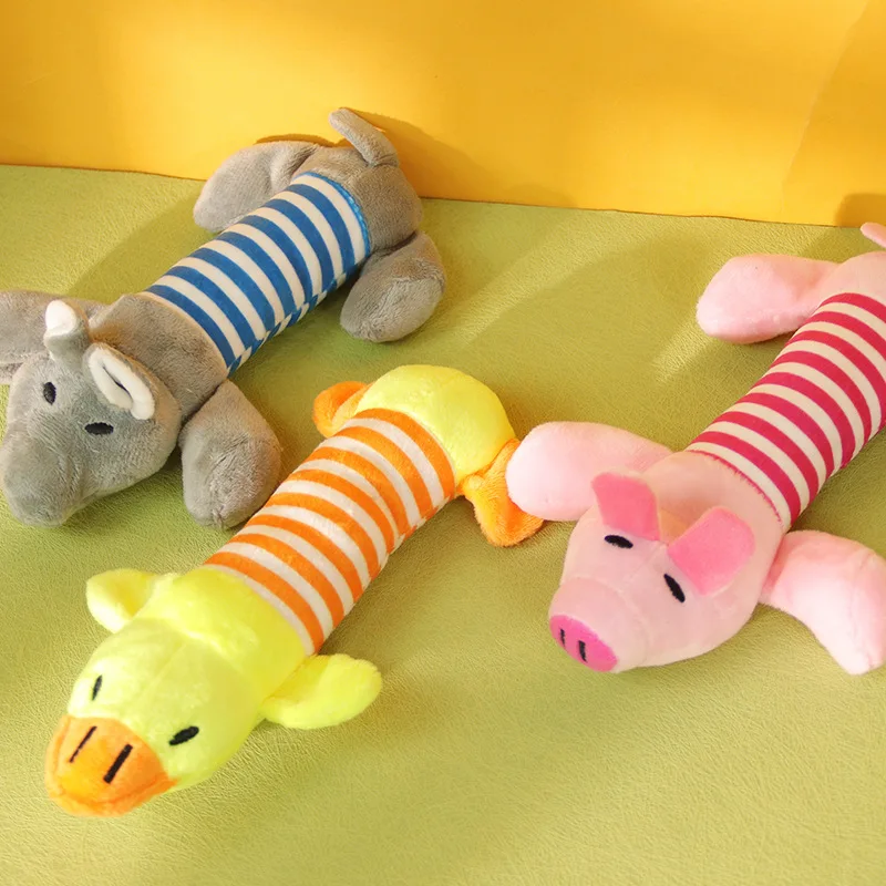 high quality Squeaky Dog Toys Plush Striped Animal Puppy Chew Toy Soft Stuffed Elephant Pig Duck Squeaker Toys For Small Medium Dogs Boredom Relief Pet Supplies