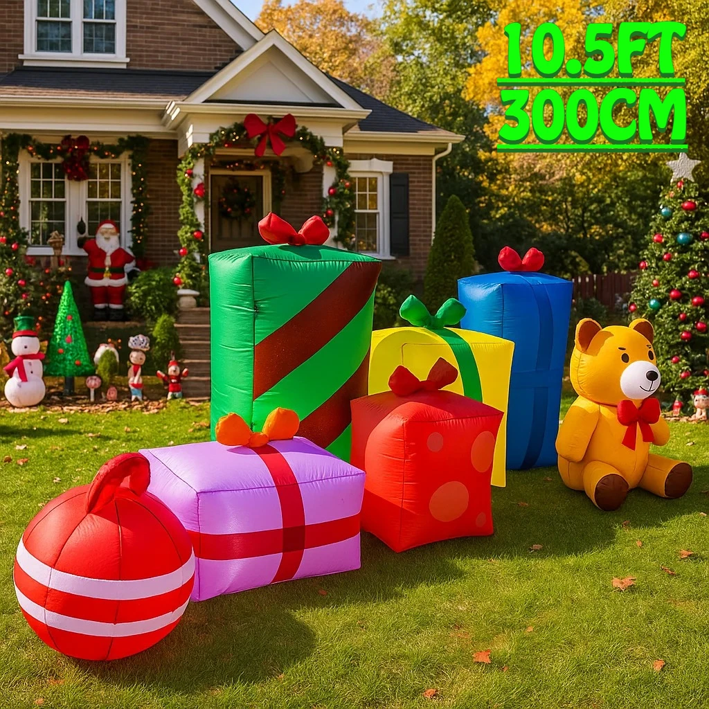 3M/10.5FT Santa Claus Gift Teddy Bear Inflatable Model Christmas Decor LED Lights Holiday Outdoor Decor Home Yard Party Prop