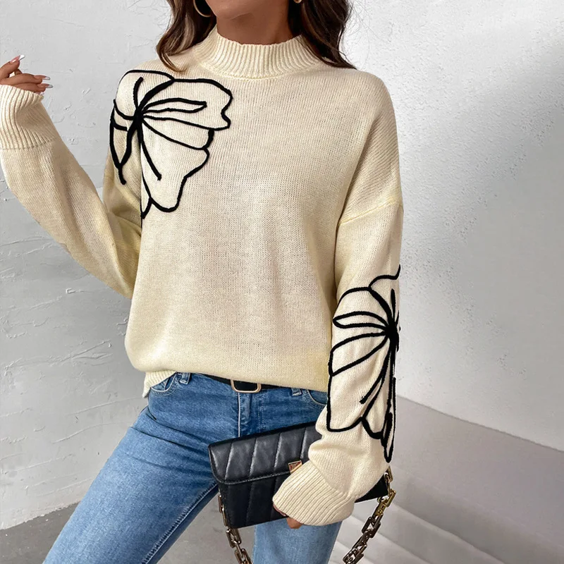 

Autumn New Women's Half-High Collar Floral Sweater