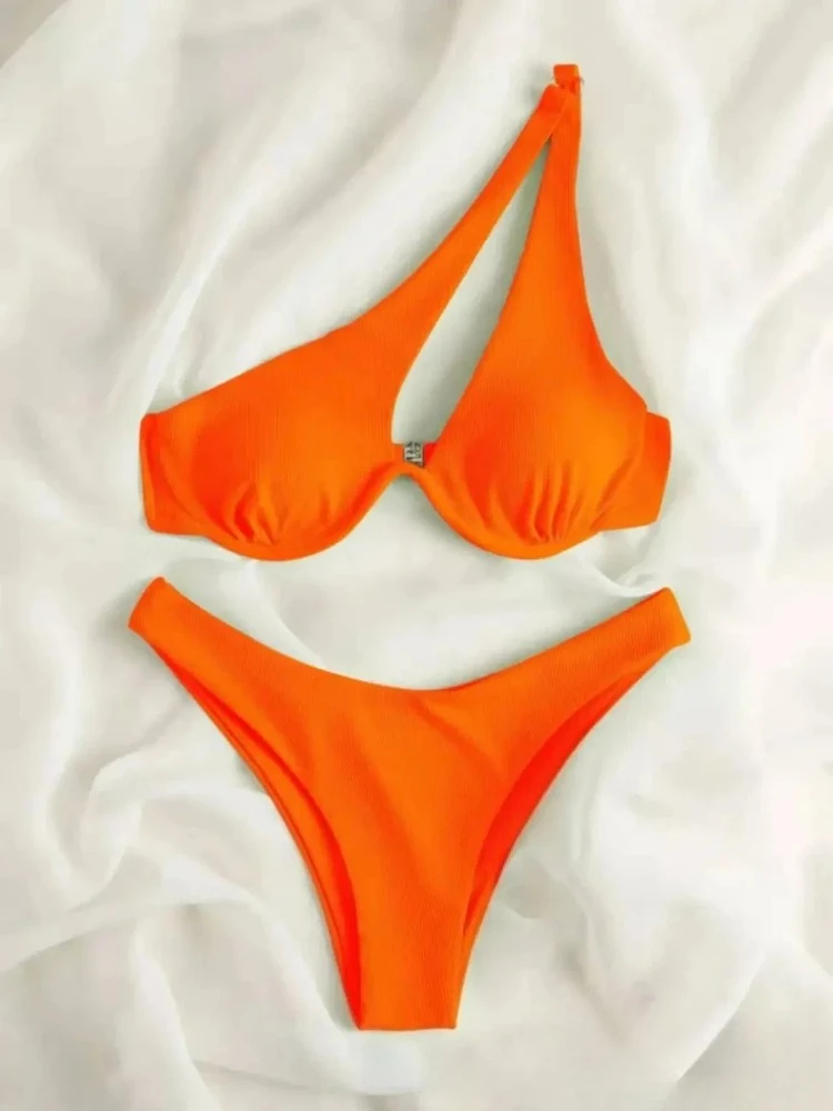 女性のための非対称の裸の肩を持つブラジルのビキニ,セクシーな水着,女性の水着,単色のビーチウェア,水着,2021