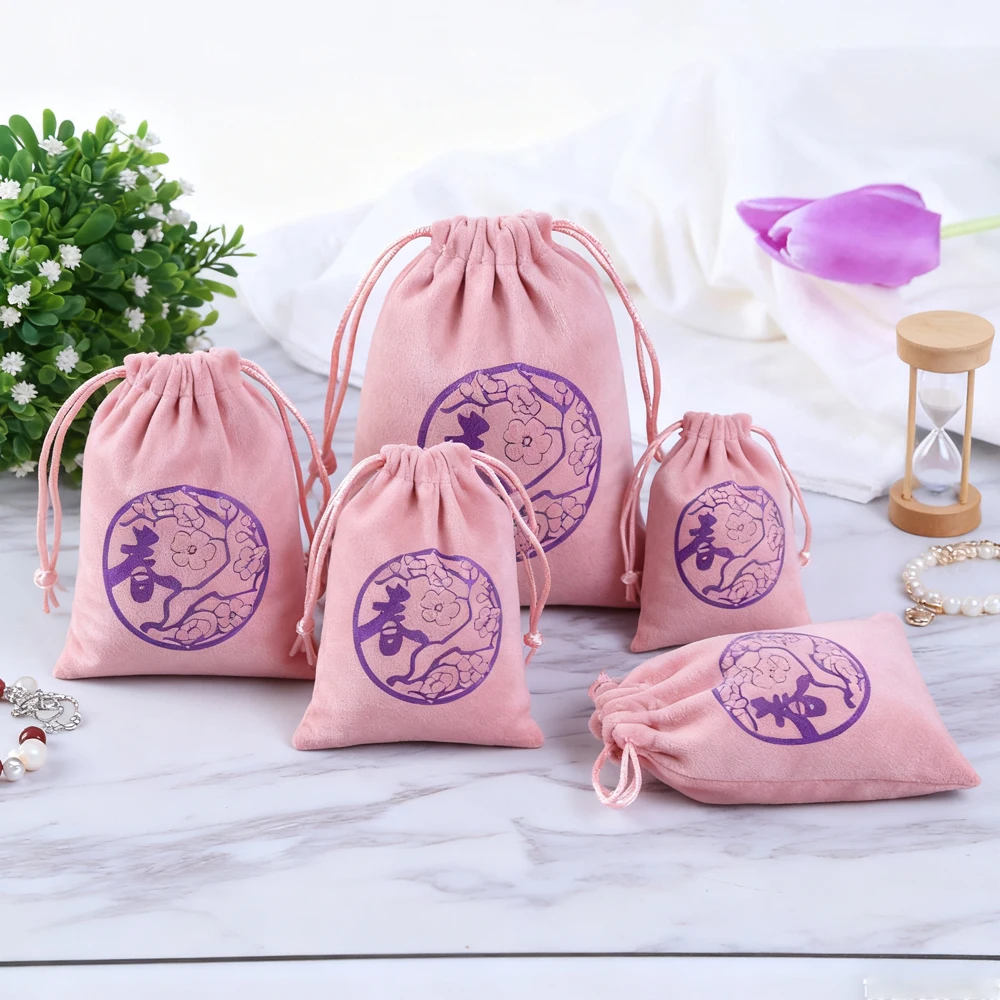 

High End Pink Velvet Perfume Gift Packaging Bag Custom Logo 20x25cm Wedding Drawstring Soft Flannel Jewelry Perfume Candy Pouch