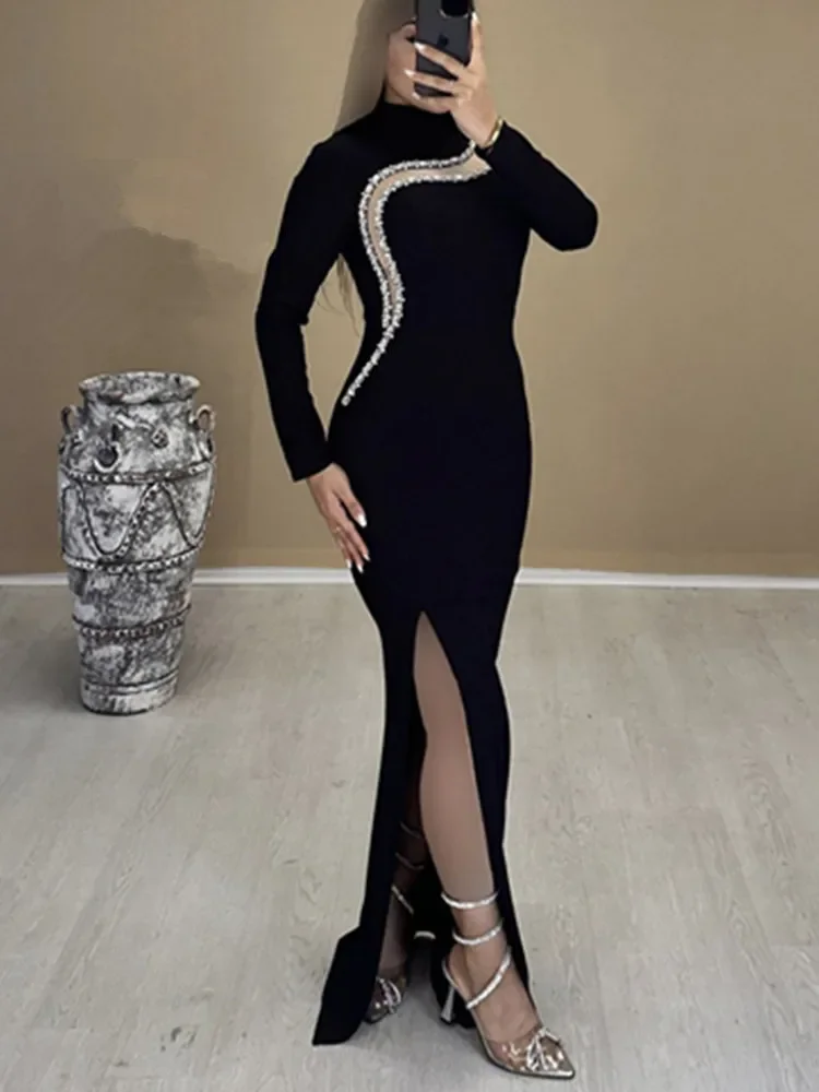 Women Winter Autumn Evening Party Dress Long Sleeve Turtleneck Tulle Insert Diamonds Embroidery Split Long Celebrity Gowns