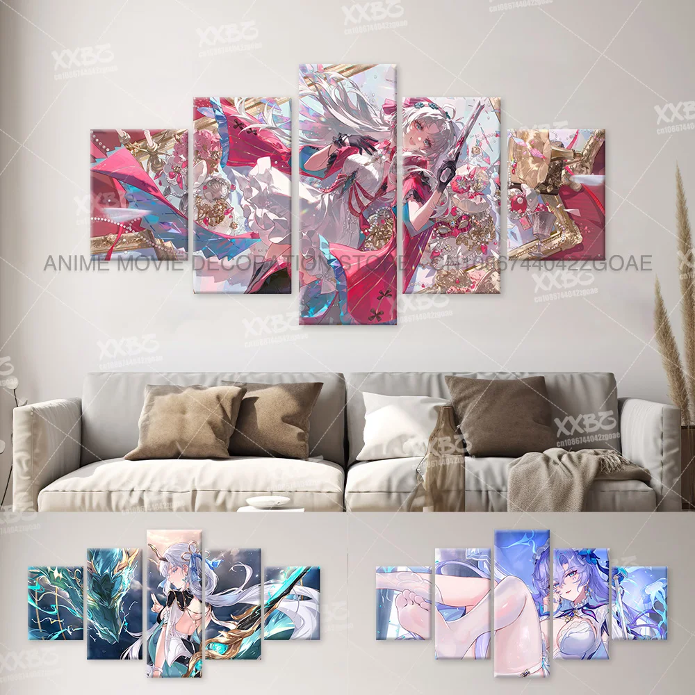 

5PCS Wuthering Waves Home Decor Canvas Painting Action Game Pictures Wall Art Kawaii Anime HD Print Poster Frame For Living Room