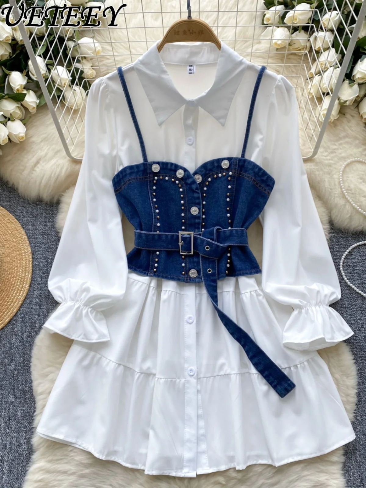 French Style Age-reducing White Shirt Dress Women's Autumn Clothing Fashionable Stacking Two-piece Set Outerwear Denim Vest