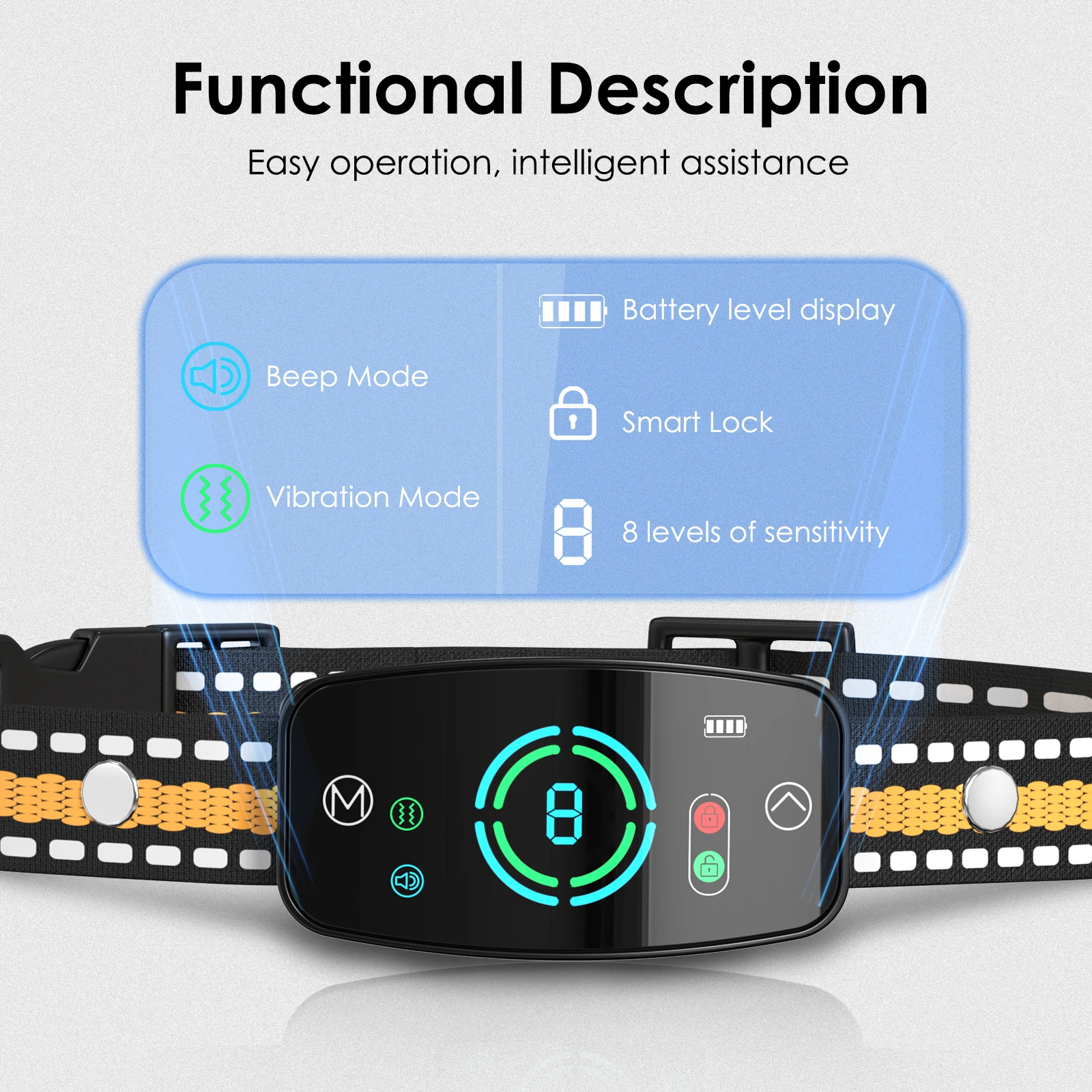 

Умный ошейник для собак с защитой от коров, интеллектуальный чип, режимы звука и вибрации, управление, перезаряжаемое устройство, IPX6, водонепроницаемость, 8 регулируемых