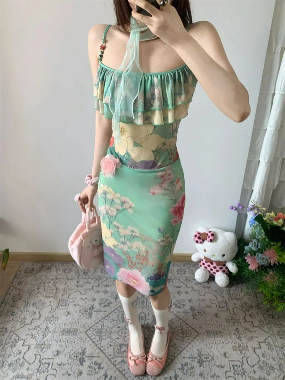 Set da donna con gonna a scialle a vita alta con canotta floreale verde orientale, abito elegante estivo vintage, vendita calda, abbigliamento quotidiano Wabi Sabi