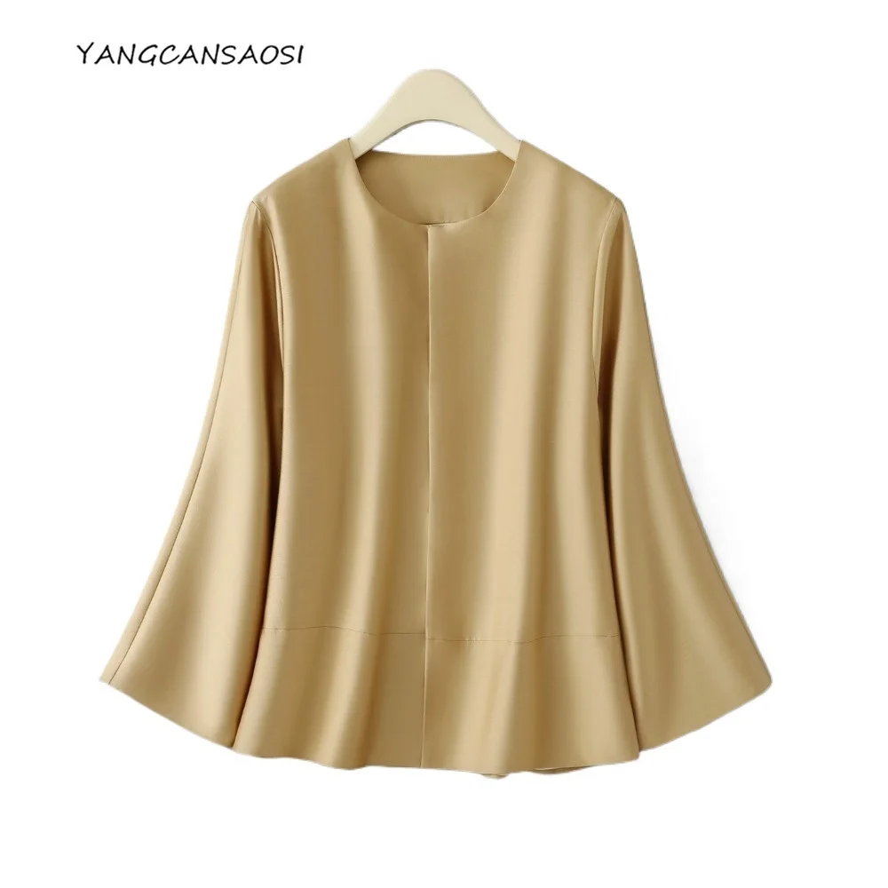 

Женская модная осенне-зимняя одежда, 49% натуральный шелк шелковицы, 51% шерсть, круглый вырез, свободный темпераментный однотонный универсальный кардиган