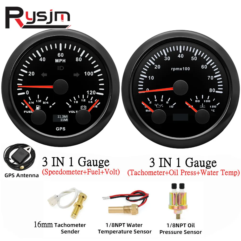 Custom 85mm 3 IN 1 Funtion Gauge 120MPH 120kmh GPS Speedometer+Fuel+Volt RPM Water Temp+Oil Press Meter 2 Gauges Set With Sensor