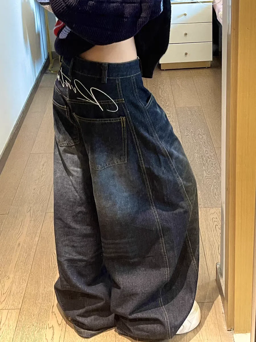 Pantalones casuales Y2K para mujer, holgados, estilo vintage, lavados en azul, de pierna ancha, estilo cargo, pantalones oversize, pantalones Y2K