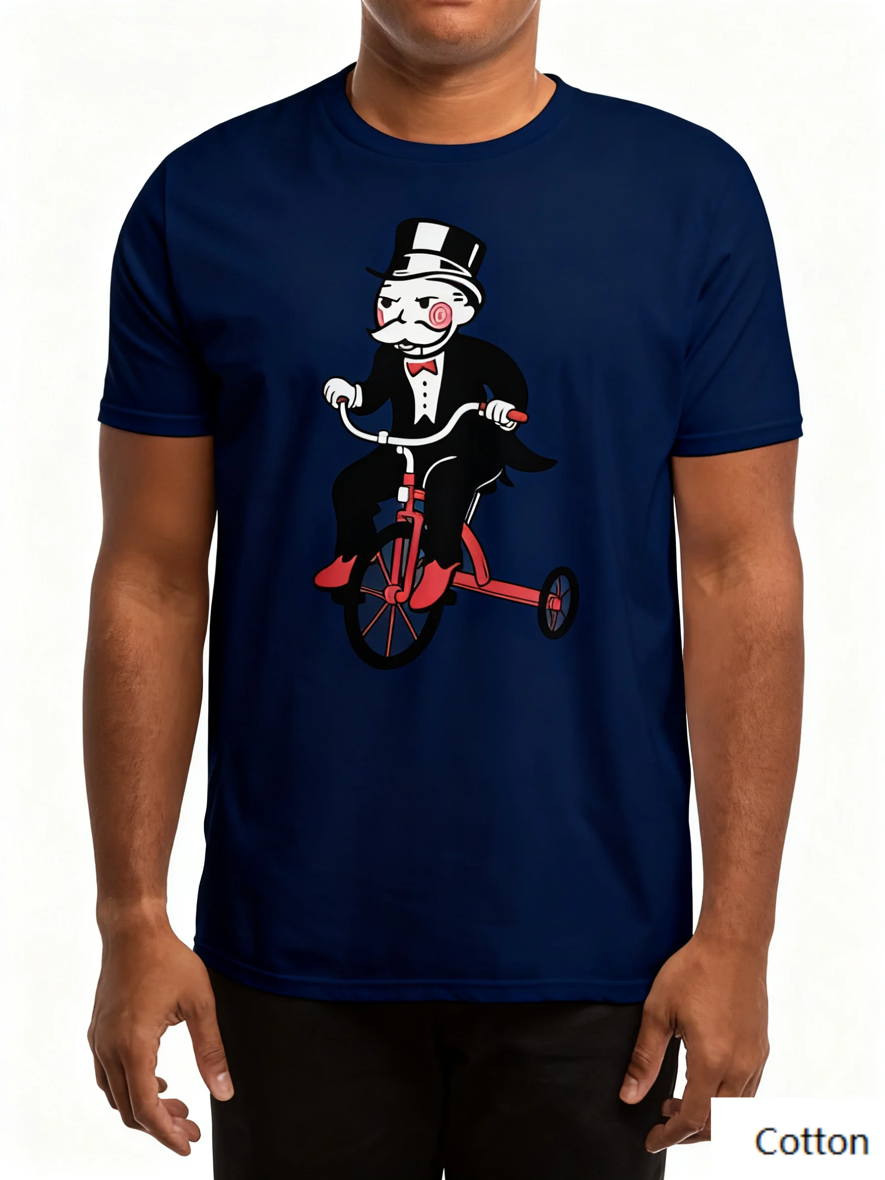 

Хлопковая футболка с круглым вырезом с юмористическим рисунком джентльмена и велосипедиста, выскакивающая яркая дефекция мультяшного джентльмена, езда на трехколесном велосипеде