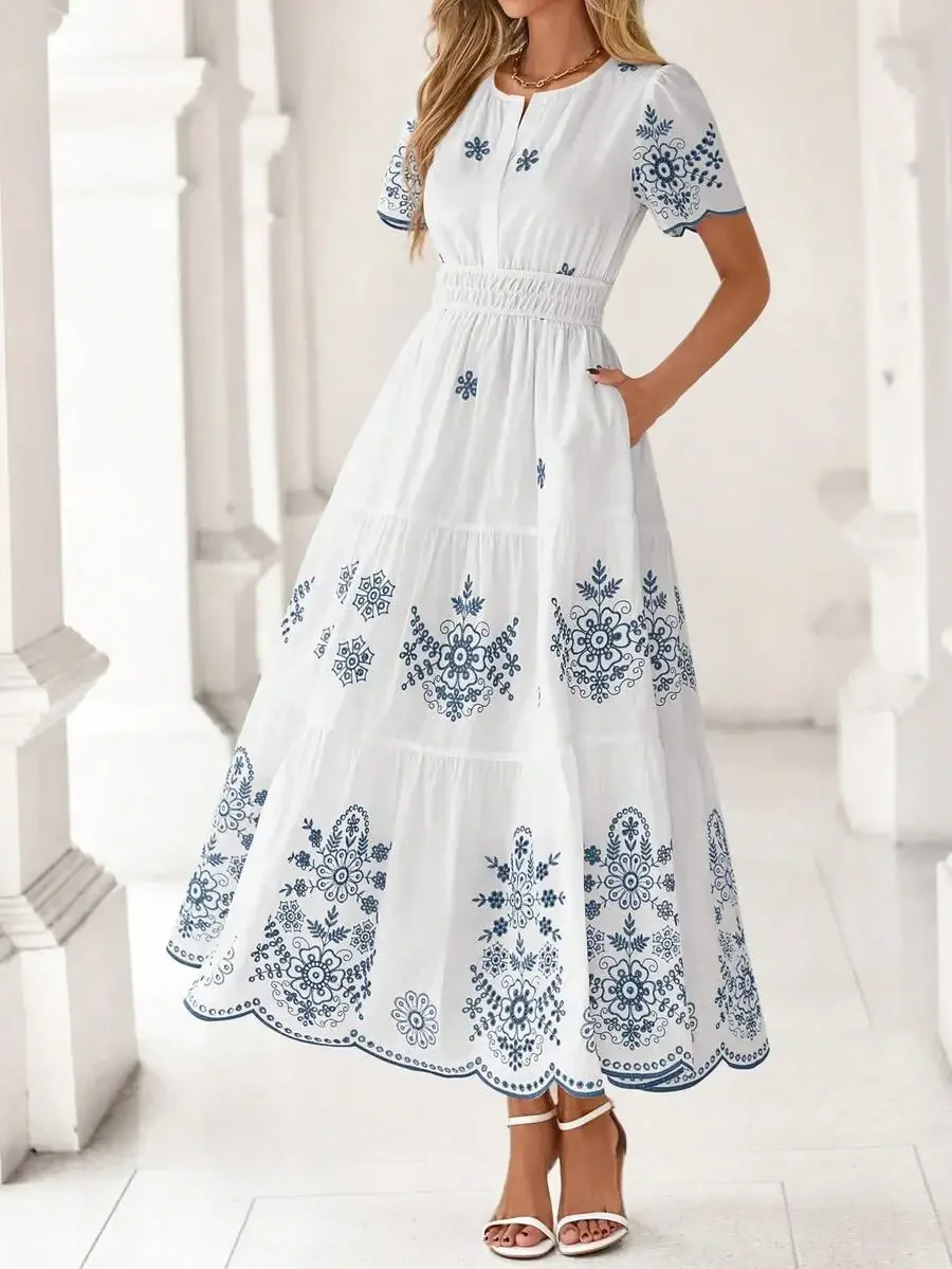 

Bohemian Floral Embroidered Short Sleeve V-Neck Maxi Dress With Elastic High Waist And Pockets