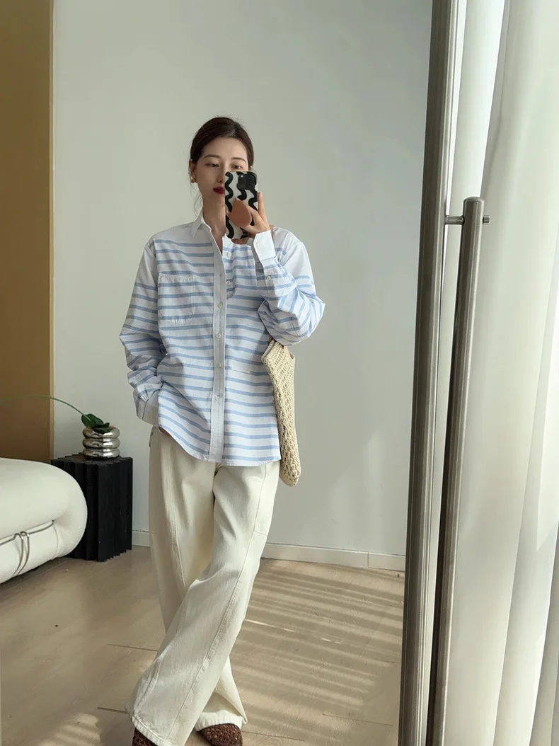 

High Densi Embroidered Women's irt Loose Striped Cotton Long Sve Breathable Comfortable Faionable Vintage Sle