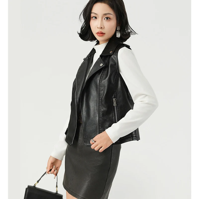 Fashion Suit Collar PU Leather Vest New Versatile Spot Delivery European American Zipper Design Style Women's Turn-down Jacket