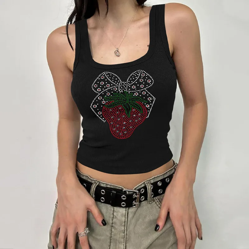 90s Vintage Women's 2024 Summer Tank Top Y2K Fashion Hot Diamond Slim Fit Open Navel Sleeveless Tank Top Women's T-shirt