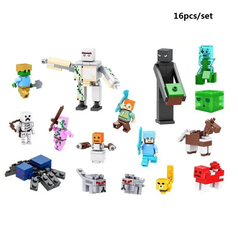 16pcs/set Minecrafted Blocks Diamond Sword Creeper Figures Zombie Dolls Steve Building Bricks Toys for Boys Kid Birthday Gift