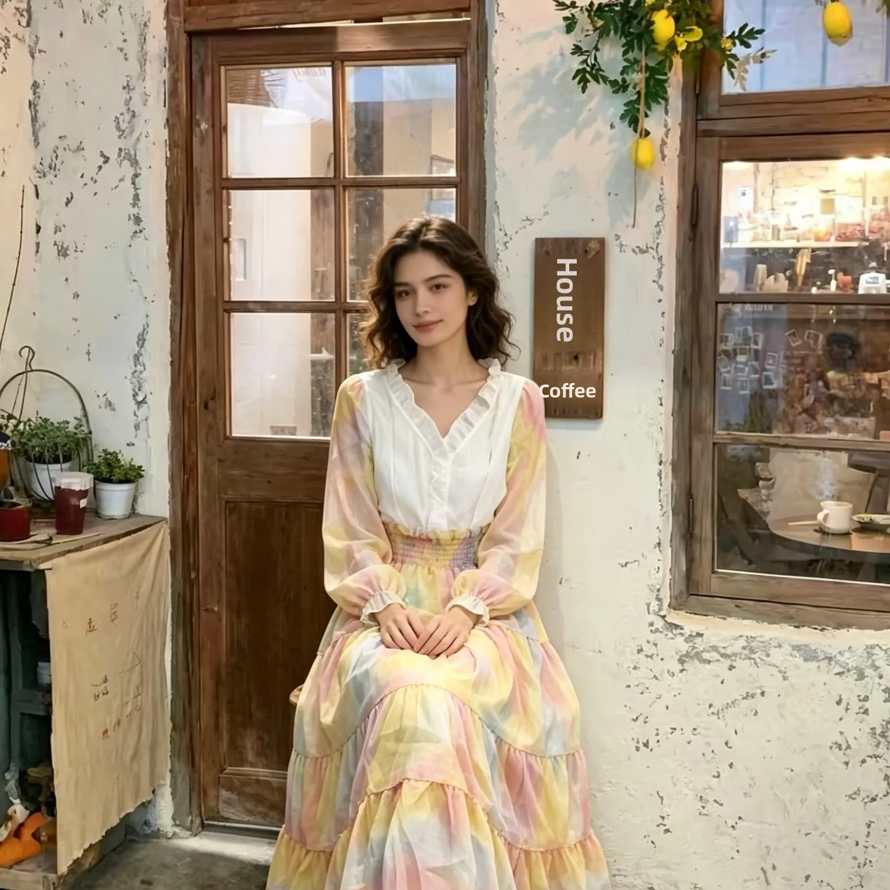 Rainbow Gradient Long Sleeve V-Neck Women's Dress Elastic Waist Layered Cake Skirt High Waist A-Line Silhouette Daily Wear