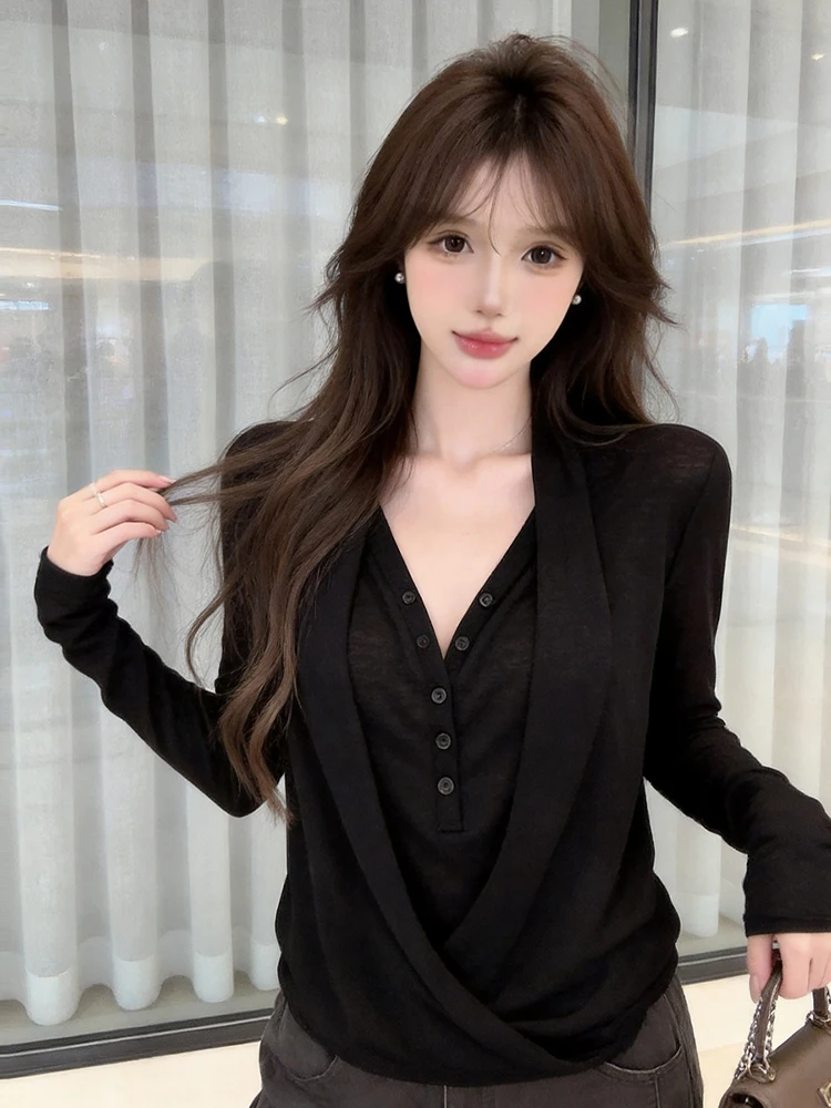 Elegant Long Sleeve V-Neck T-Shirt Draped Bottom Base Shirt Pure Desire Style Commute Two-Piece Look Girl's Fashion Summer Top