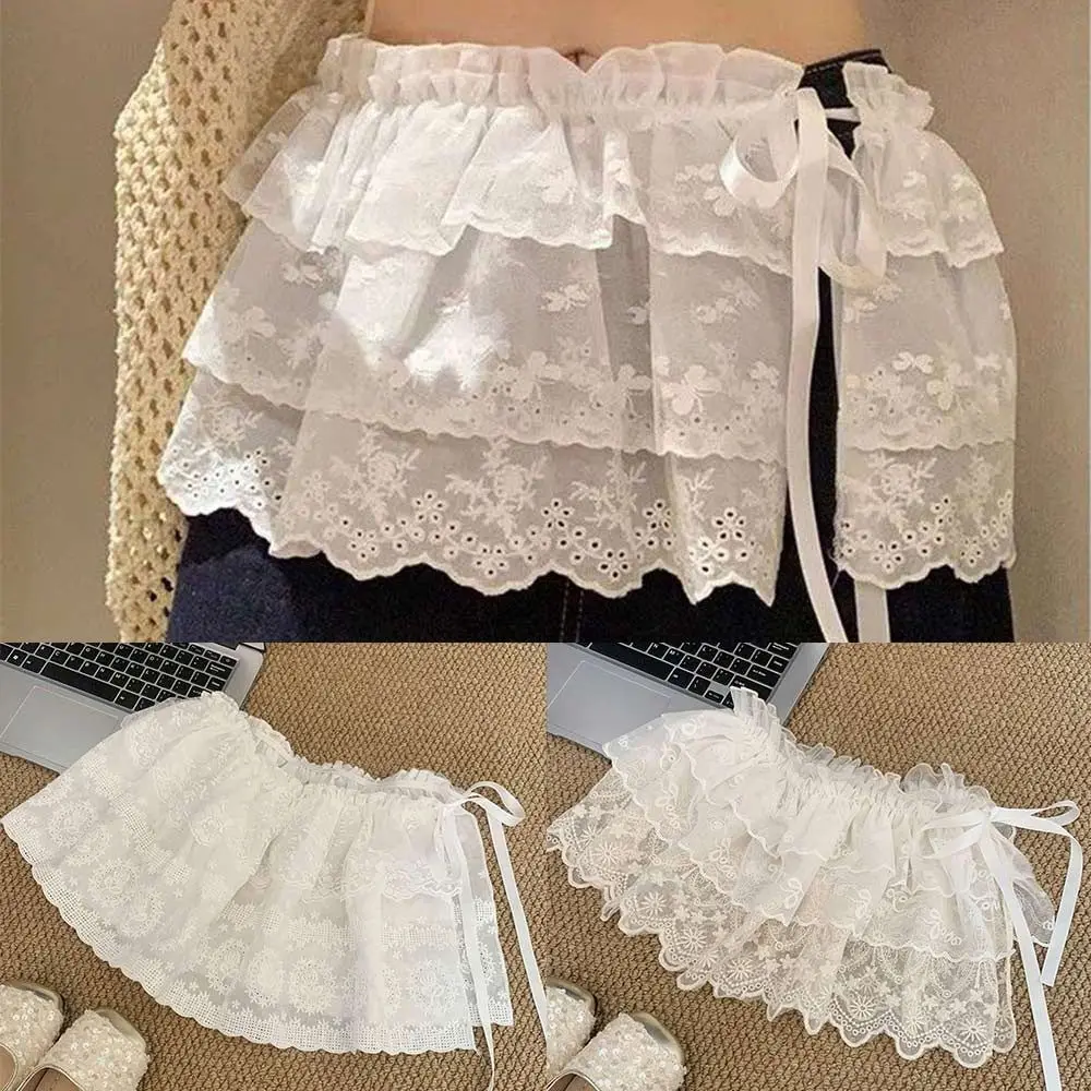 

New Embroidered Flower Lace Mini Skirt Y2K Streetwear See Through Ruched Skirts Harajuku Lace Up Ruffles Skirt Jeans Decoration